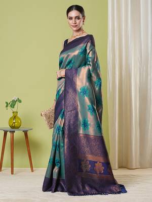 Aqua faux banarasi silk blendwevon jacquard partywear saree 4