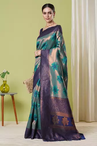 Aqua faux banarasi silk blendwevon jacquard partywear saree