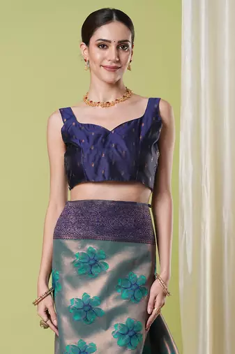 Aqua faux banarasi silk blendwevon jacquard partywear saree
