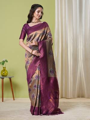 Brown faux banarasi silk blendwevon jacquard partywear saree 1