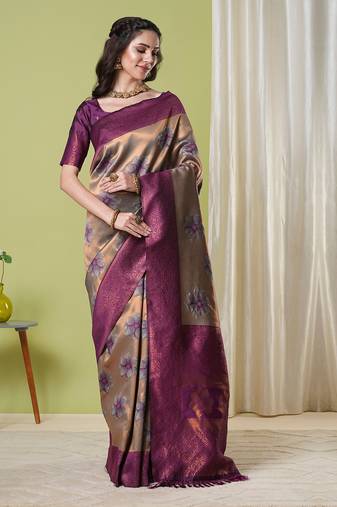 Brown banarasi silk blendwevon jacquard designer partywear saree