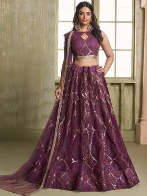  wine sequins net lehenga set choli with dupatta 1