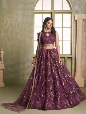  wine sequins net lehenga set choli with dupatta 2