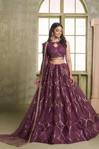  wine sequins net lehenga set choli with dupatta