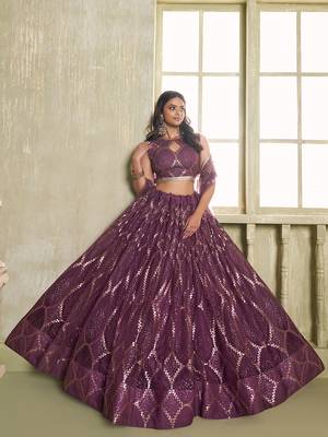  wine sequins net lehenga set choli with dupatta 3