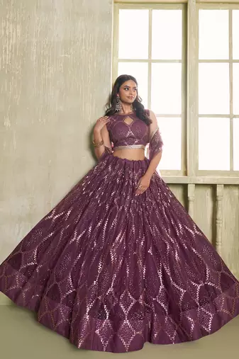  wine sequins net lehenga set choli with dupatta