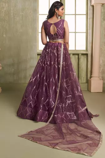  wine sequins net lehenga set choli with dupatta