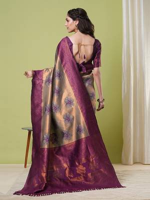 Brown faux banarasi silk blendwevon jacquard partywear saree 2