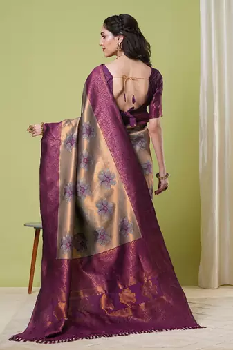 Brown faux banarasi silk blendwevon jacquard partywear saree