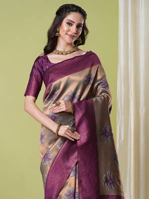 Brown faux banarasi silk blendwevon jacquard partywear saree 3
