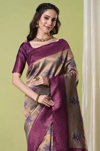 Brown faux banarasi silk blendwevon jacquard partywear saree