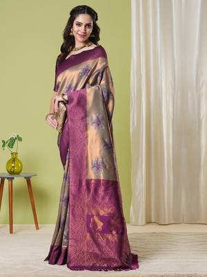 Brown faux banarasi silk blendwevon jacquard partywear saree 4