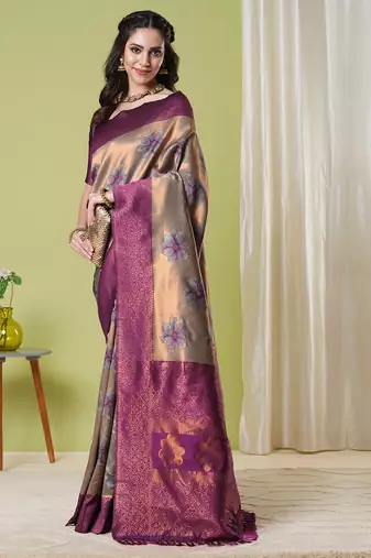 Brown faux banarasi silk blendwevon jacquard partywear saree