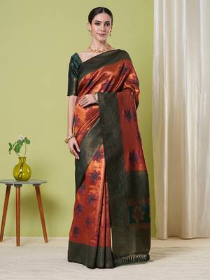 Orange faux banarasi silk blendwevon jacquard partywear saree 1