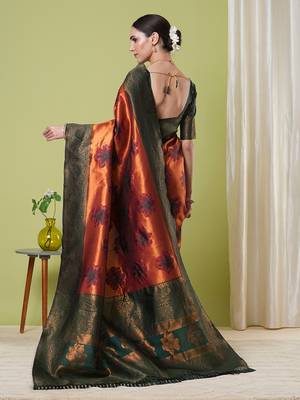 Orange faux banarasi silk blendwevon jacquard partywear saree 2