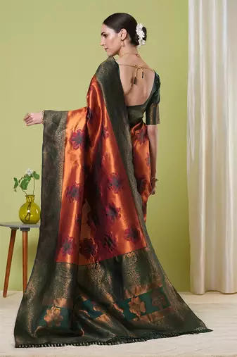 Orange faux banarasi silk blendwevon jacquard partywear saree