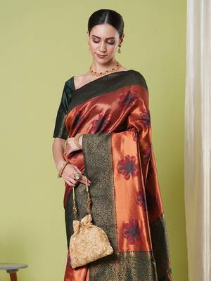 Orange faux banarasi silk blendwevon jacquard partywear saree 3