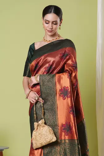 Orange faux banarasi silk blendwevon jacquard partywear saree