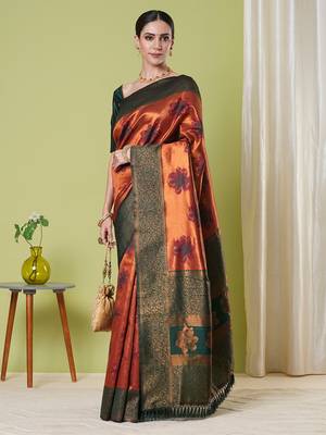 Orange faux banarasi silk blendwevon jacquard partywear saree 4