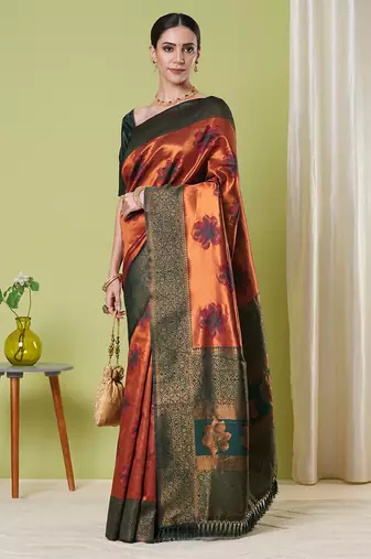 Orange faux banarasi silk blendwevon jacquard partywear saree