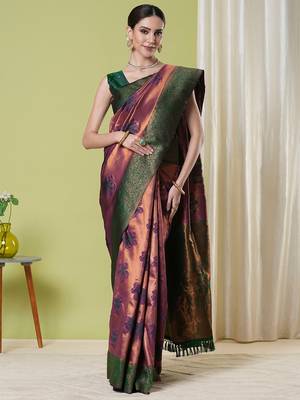 Wine faux banarasi silk blendwevon jacquard partywear saree 1