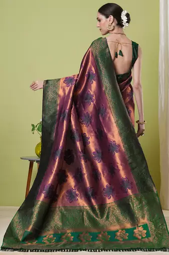 Wine faux banarasi silk blendwevon jacquard partywear saree