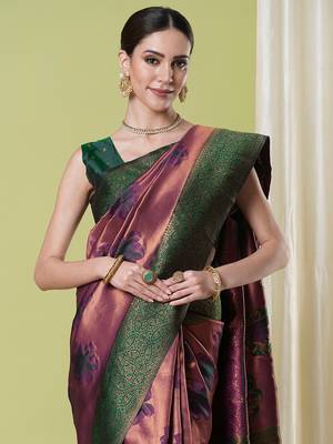 Wine faux banarasi silk blendwevon jacquard partywear saree 3