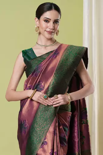 Wine faux banarasi silk blendwevon jacquard partywear saree
