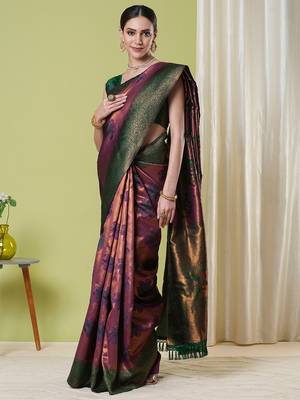 Wine faux banarasi silk blendwevon jacquard partywear saree 4