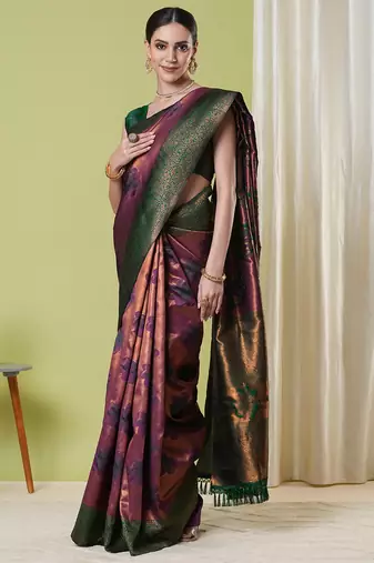 Wine faux banarasi silk blendwevon jacquard partywear saree