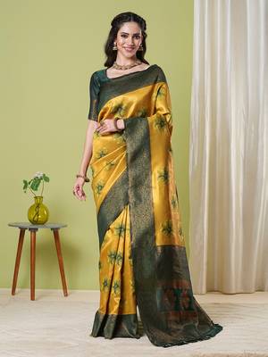 Yellow faux banarasi silk blendwevon jacquard partywear saree 1