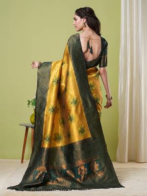 Yellow faux banarasi silk blendwevon jacquard partywear saree 2