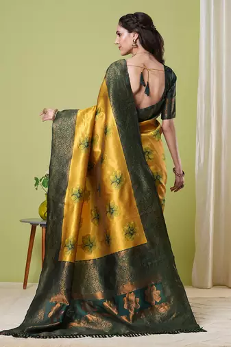 Yellow faux banarasi silk blendwevon jacquard partywear saree