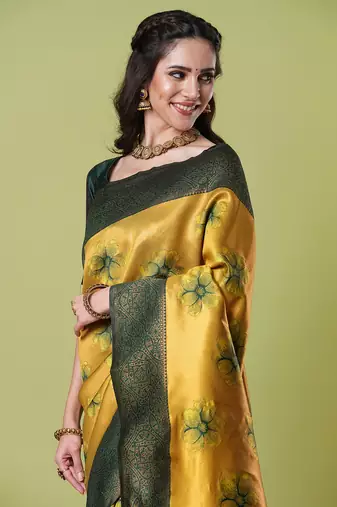 Yellow faux banarasi silk blendwevon jacquard partywear saree