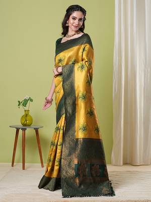 Yellow faux banarasi silk blendwevon jacquard partywear saree 4
