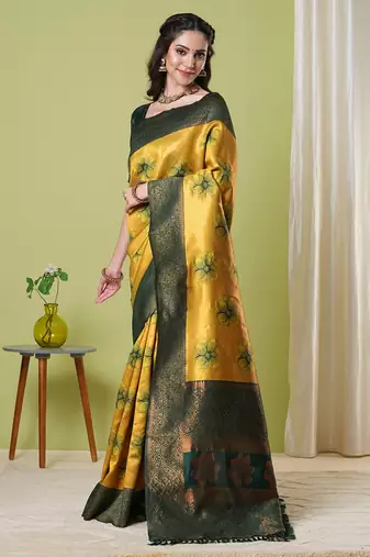 Yellow faux banarasi silk blendwevon jacquard partywear saree