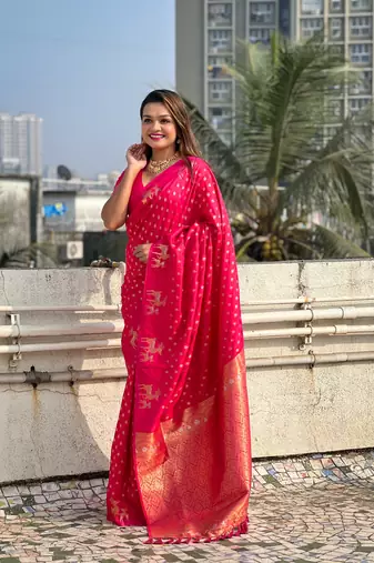 Weaving dual zari pink soft silk blendc ethnic saree
