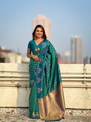 Weaving dual zari rama soft silk blendc ethnic saree 1