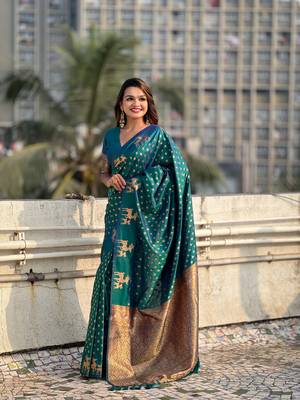 Weaving dual zari rama soft silk blendc ethnic saree 4