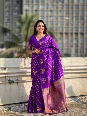 Weaving dual zari purple soft silk blendc ethnic saree 1