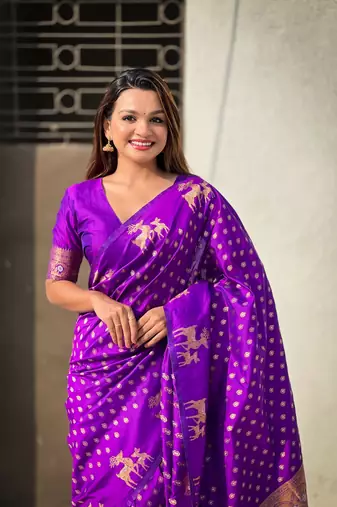Weaving dual zari purple soft silk blendc ethnic saree
