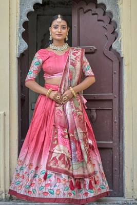 Gajri  Fully Printed With Contrast Border Pure Manipuri Silk Lehenga With Unstitched Blouse 1