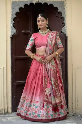 Gajri  Fully Printed With Contrast Border Pure Manipuri Silk Lehenga With Unstitched Blouse