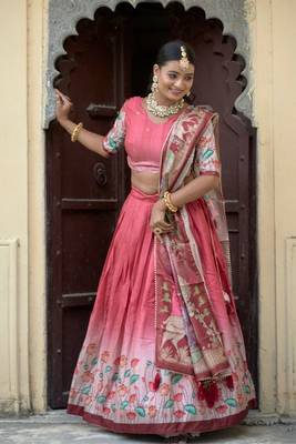 Gajri  Fully Printed With Contrast Border Pure Manipuri Silk Lehenga With Unstitched Blouse 3
