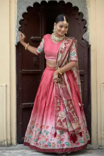 Gajri  Fully Printed With Contrast Border Pure Manipuri Silk Lehenga With Unstitched Blouse