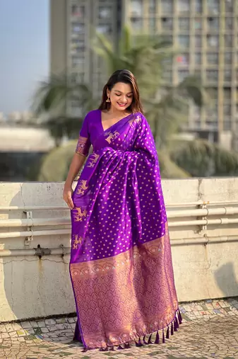 Weaving dual zari purple soft silk blendc ethnic saree