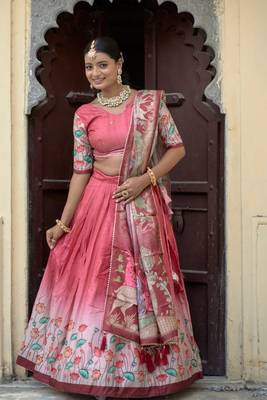 Gajri  Fully Printed With Contrast Border Pure Manipuri Silk Lehenga With Unstitched Blouse 4