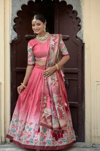 Gajri  Fully Printed With Contrast Border Pure Manipuri Silk Lehenga With Unstitched Blouse