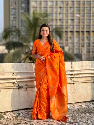 Weaving dual zari orange soft silk blendc ethnic saree 1
