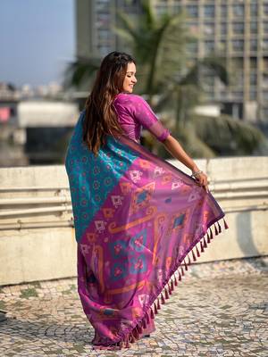 Blue wevon meenakari ikkat patola silk blendceremonial saree 2
